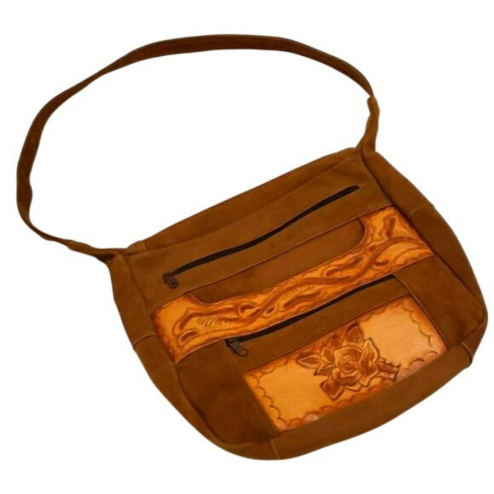 Mexican Hand Tooled  Leather Shoulderbag Satchel Purse Brown Tan Women's OS